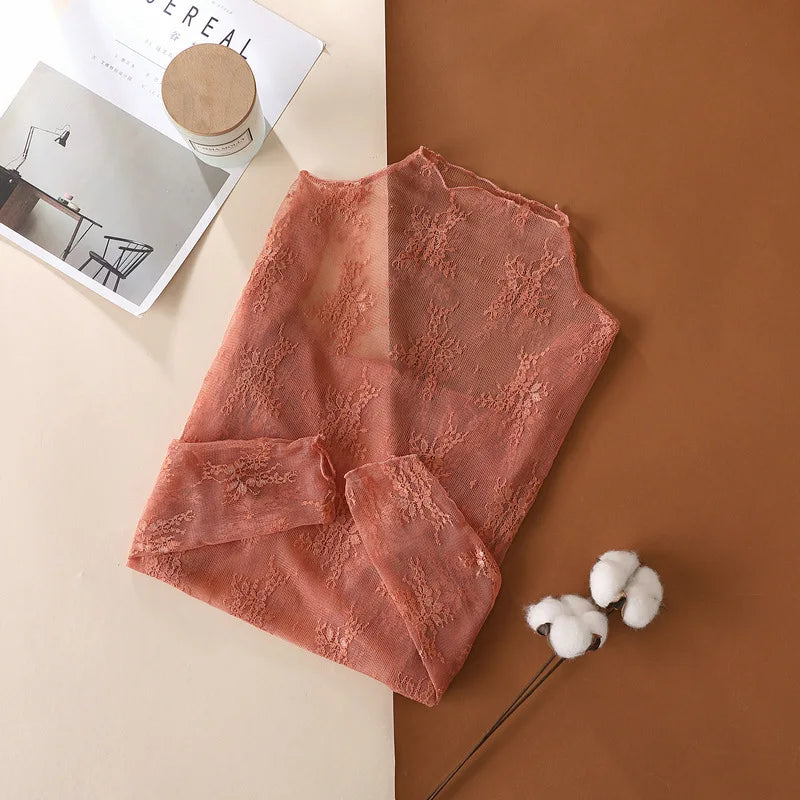 S-XL New Women Lace Shirt Spring Autumn Sexy Mesh Shirts Lace-Collared Blouse Long Sleeve Bottoming Shirt Pullover Top