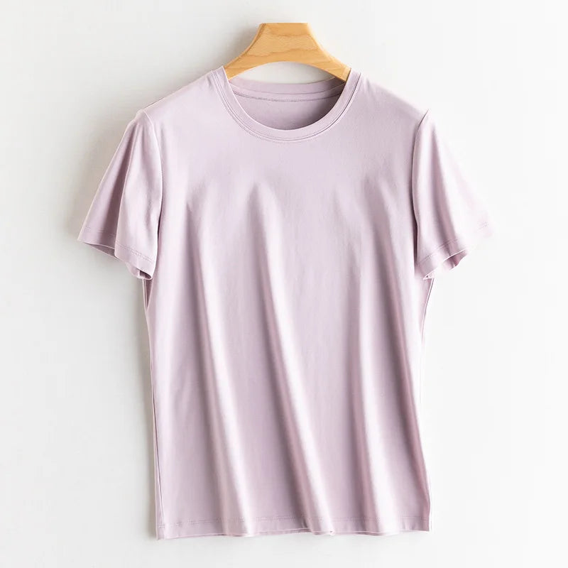 6% Real Silk Cotton Modal Women's T-shirt 2026 Summer Tees Short Sleeve Solid Tee Shirts V-neck Casual Woman Basic T shirt Tops