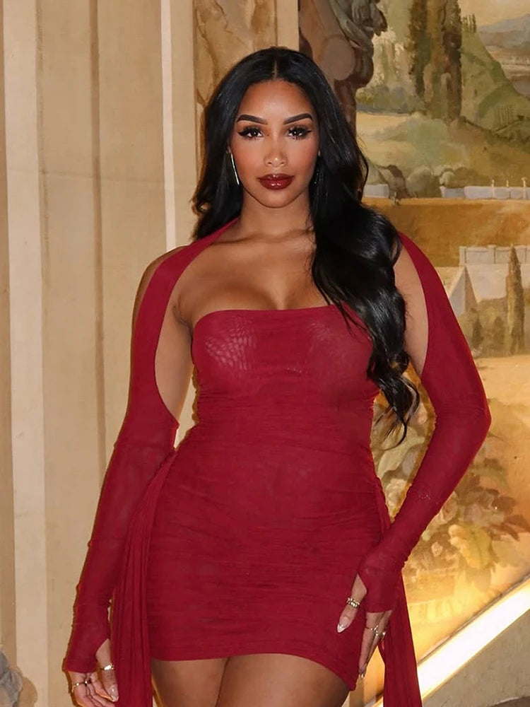 Weird Puss Sexy See Through Dress+Shawl Women Side Ribbon Ruched Coquette Skinny Midnight Clubwear Summer Vacation Party Bodycon