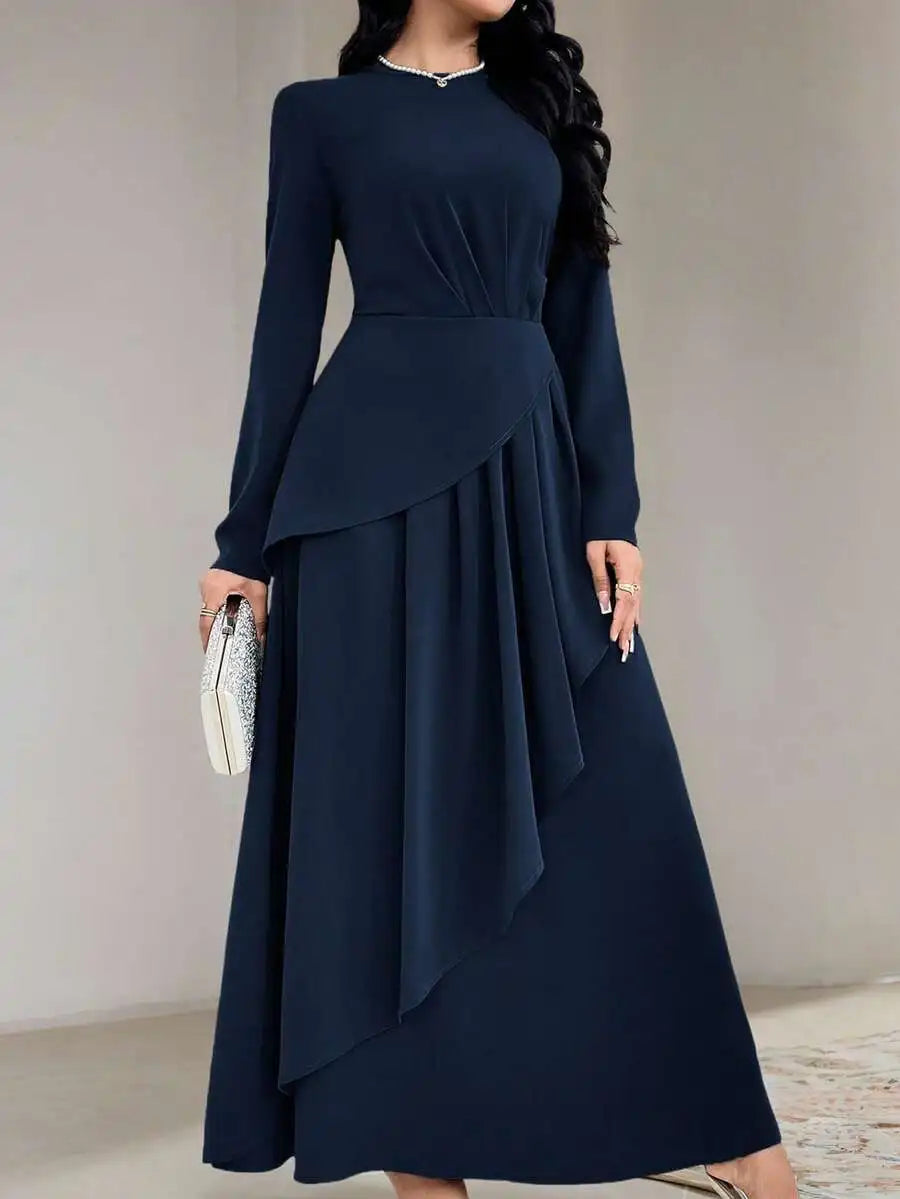 Women's Sage Green Round Neck Long Sleeve Asymmetrical Pleated Maxi Dress