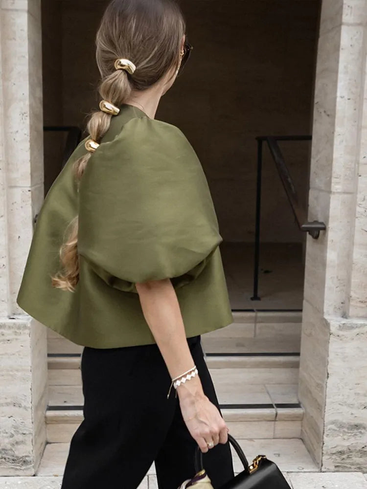 Spring Summer New Women's Fashion Casual Shirt Satin Bubble Sleeves Round Neck Loose Short Top Female Elegant Solid Blouses