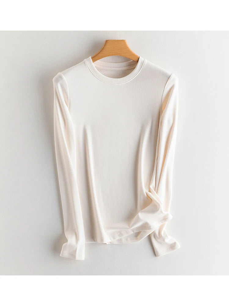 SuyaDream, Women Bottoming T Shirt, Silk Viscose Blend, Long Sleeves, Solid Basic Thermal  Shirt, 2024 Autumn Winter Top