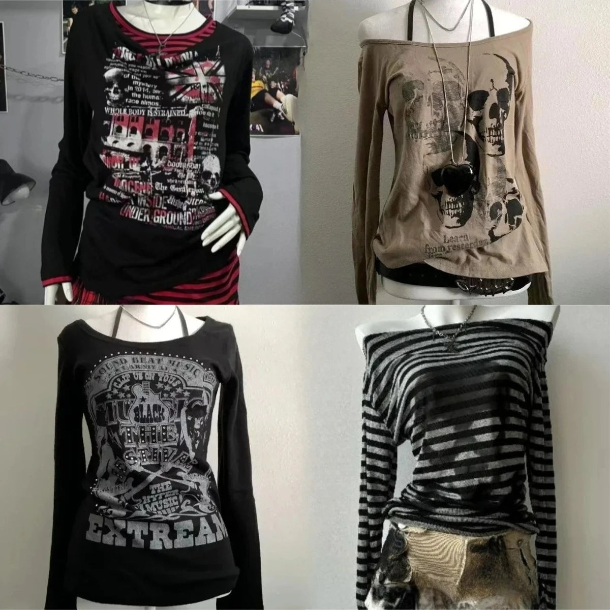 2000s American Vintage Gothic Black Women T-shirts Punk Style Graphic Grunge Tshirts Harajuku Y2k Long Sleeve Tops Streetwear