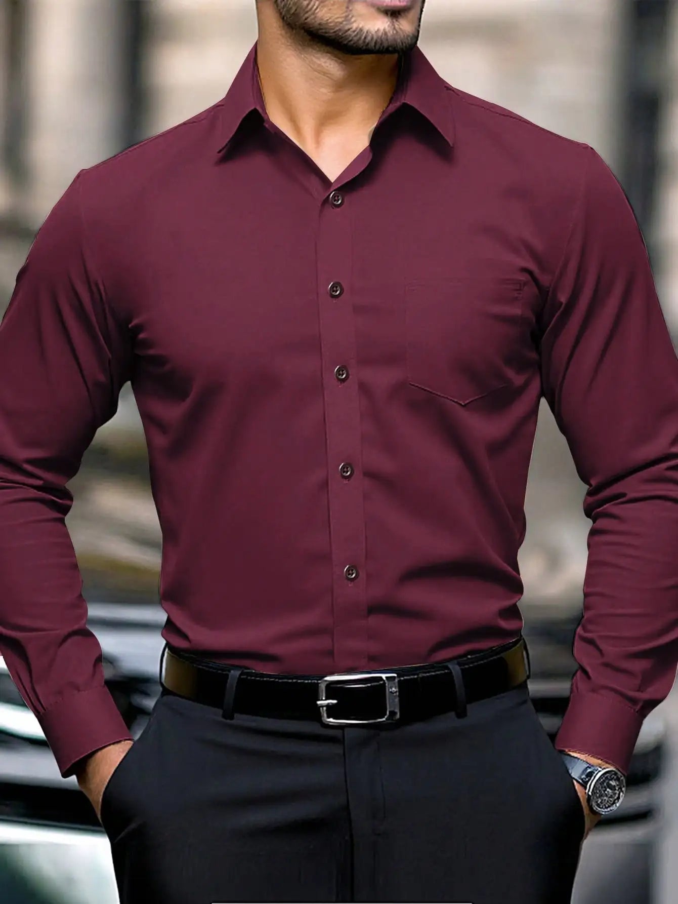 Men's Slim Fit Plain White Long Sleeve Button Up Shirt with Chest Pocket for Business or Casual Wear