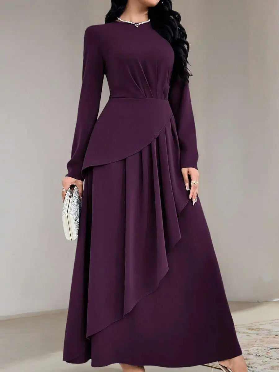 Women's Sage Green Round Neck Long Sleeve Asymmetrical Pleated Maxi Dress