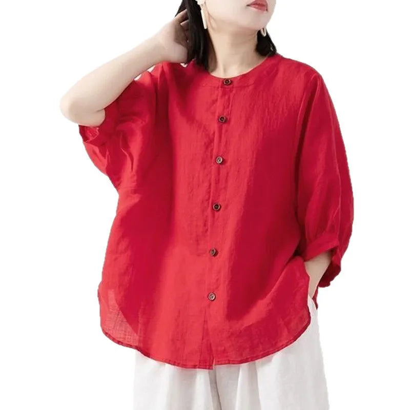 Cotton and linen shirt women's spring and summer thin solid color lantern sleeve stand collar top loose large size shirt
