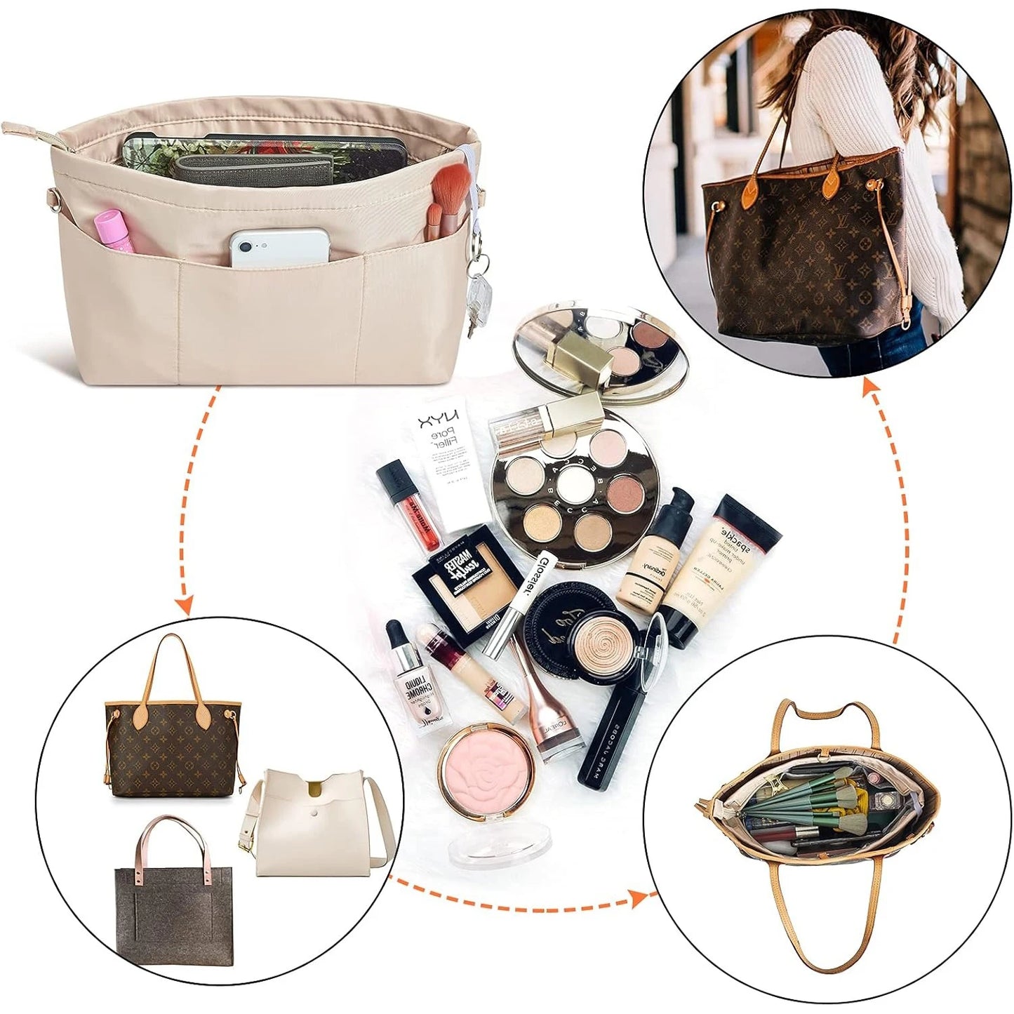 Premium Nylon Purse Organizer Tote Handbag Insert Organizers Bag in Bag Zipper 13 Pockets 4 Sizes