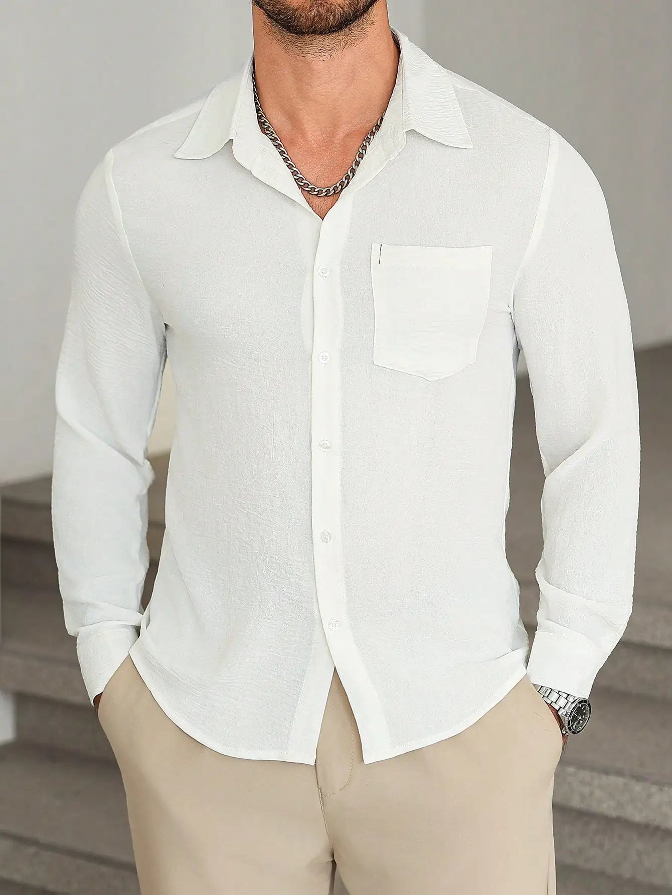 Men's Bright Pink Long Sleeve Slim Fit Casual Business Shirt