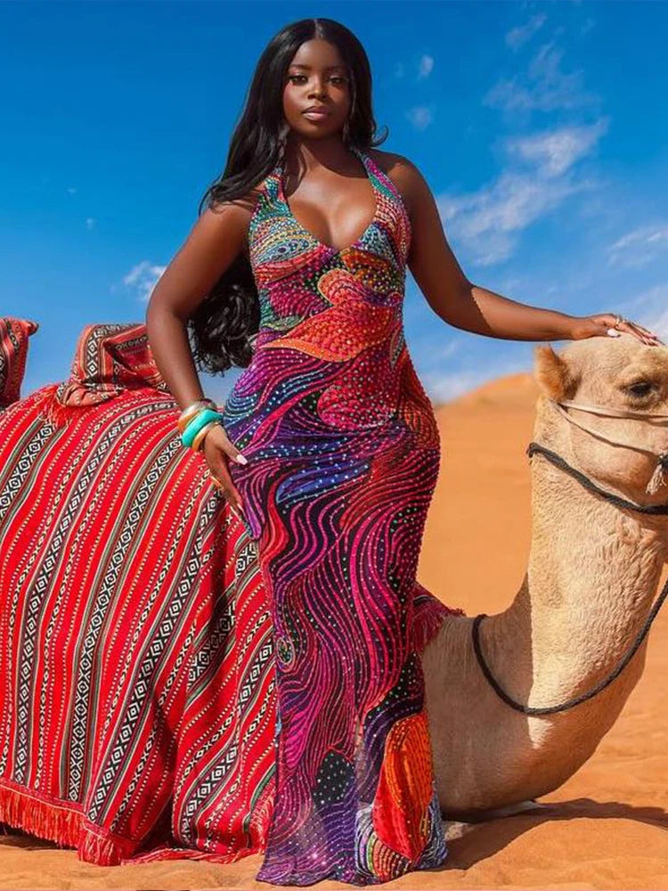 Weird Puss Diamond Print Dress Women Backless Split Colorful Halter Sexy Deep V-Neck Elegant Birthday Party Stretch Vestidos