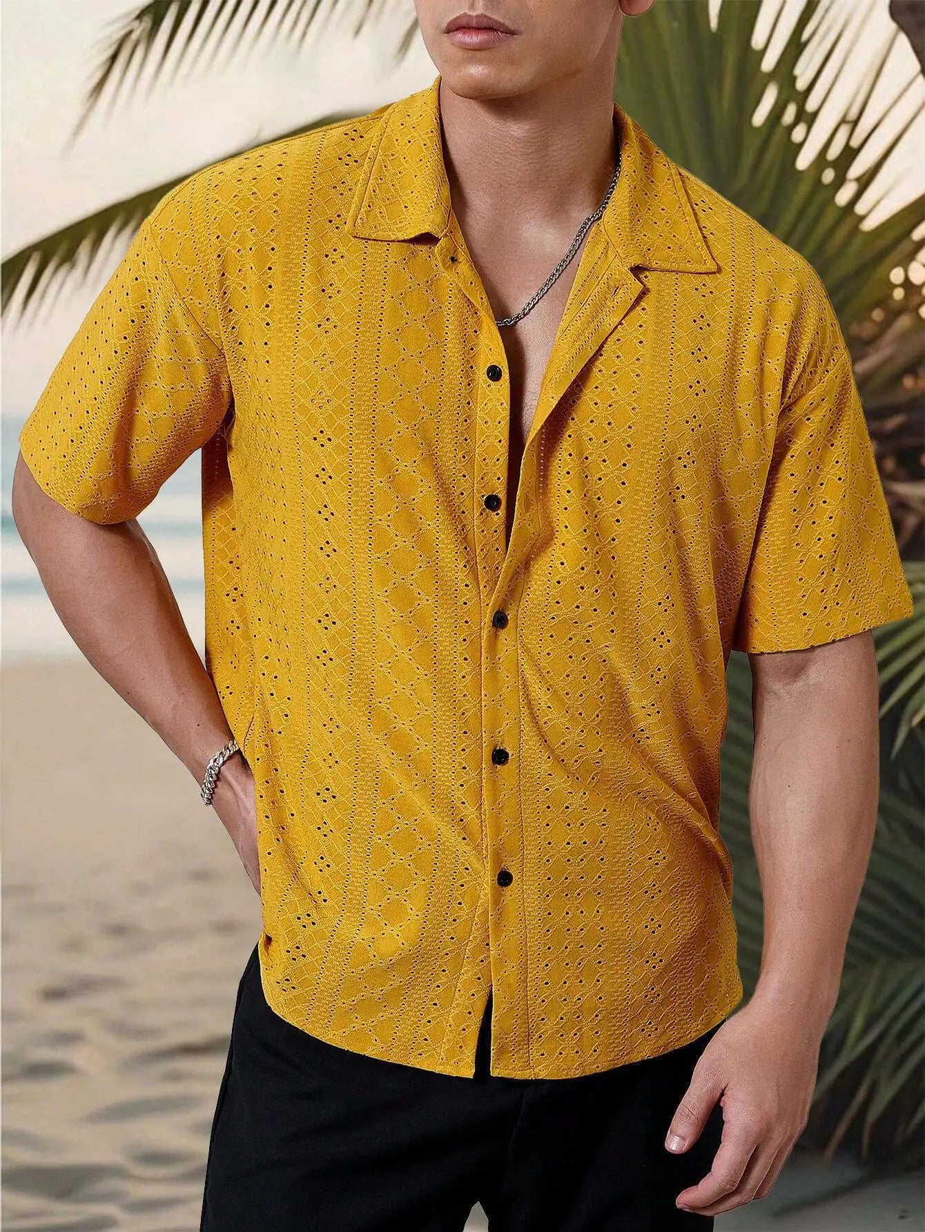 Men's Mustard Yellow Eyelet Lace Short Sleeve Casual Shirt, Loose Fit Button-Down for Beach & Festival