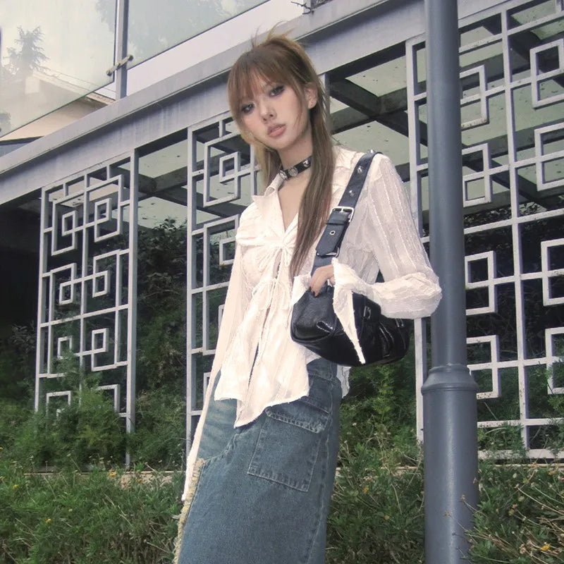 Karrram Y2k Aesthetics Pleated Shirt Fairycore Lace Up Blouse Trashy 2000s Style V-neck Shirt Irregular Japanese Harajuku 90s