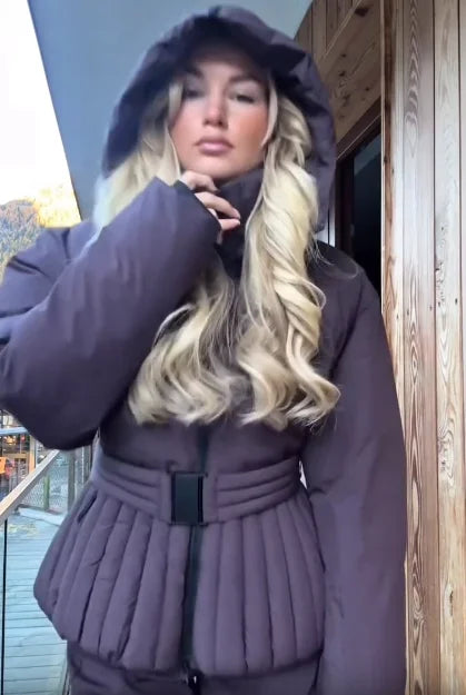 Belted Chic Hooded Cotton Coat Women Casual Full Sleeve Stand Collar Zipper Short Skiwear 2026 Lady Winter Sport Puffer Jacket