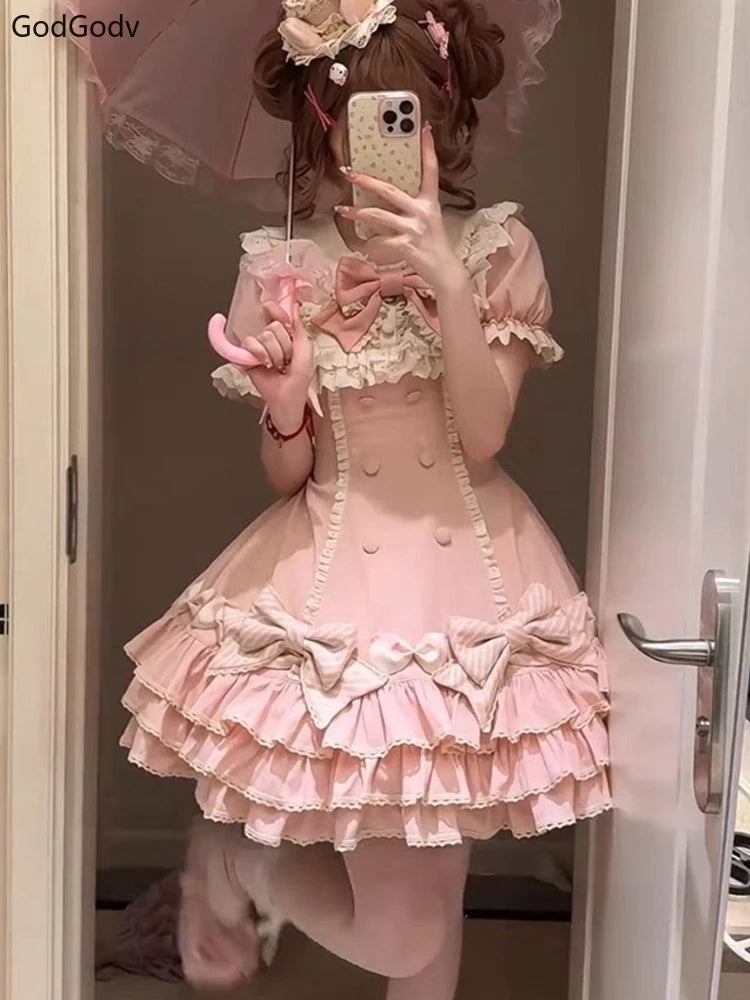 2025 Japanese Sweet Lolita Kawaii Dress Women Spring Printed Bow Fake Two Piece Dress Female Korea Style Design Party Clothing