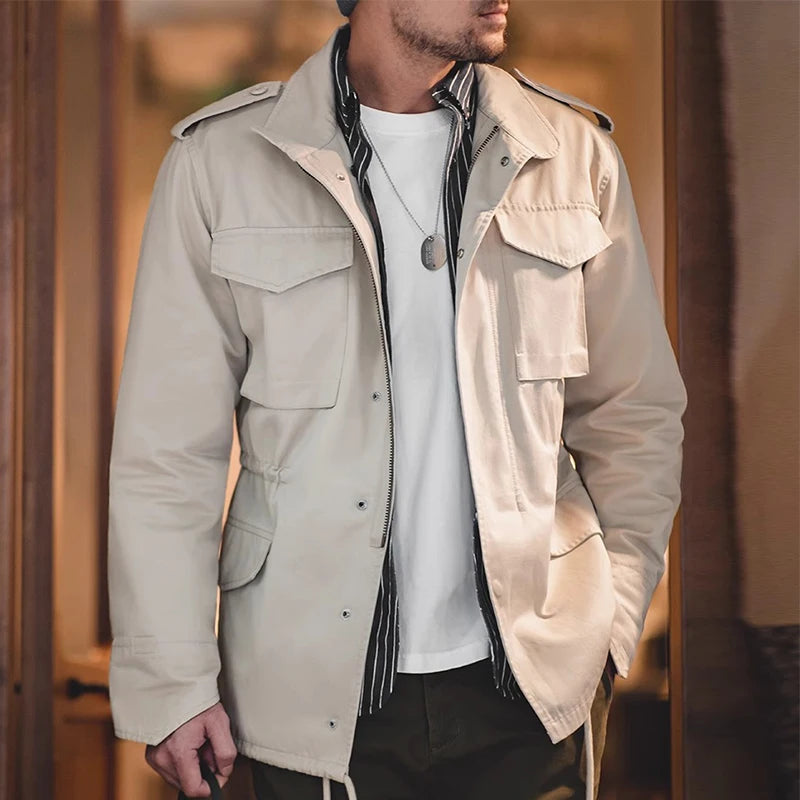 M65 Field Jacket, Men's Military Jacket, Retro Multi Pocket Collar Zipper Jacket, 100% Cotton