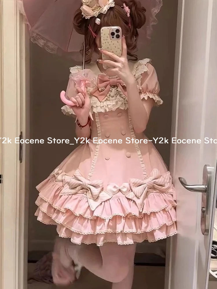 Japanese Sweet Lolita Kawaii Short Dress Women Pink Princess Y2k Bow Ruches Slim Dresses Female Korea Style Design Chic Outfits