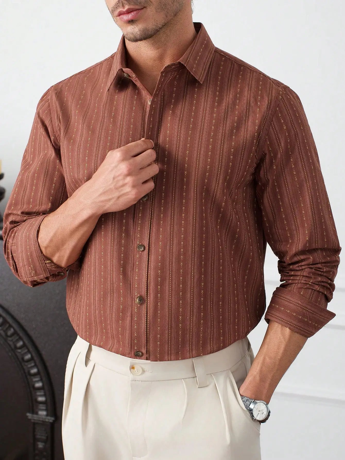 Men's Bright Pink Long Sleeve Slim Fit Casual Business Shirt