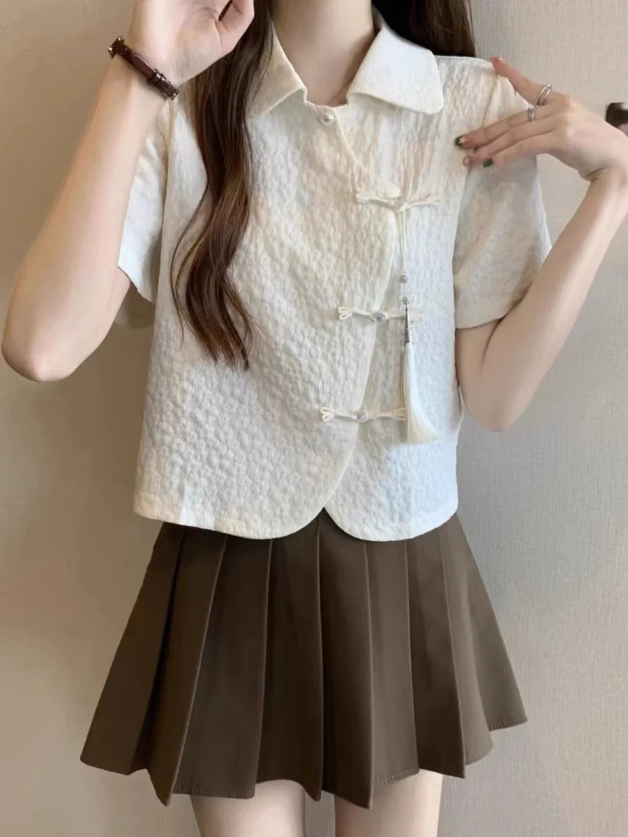 Chinese Style Shirts Women Buckles Apricot Short Sleeve Turn Down Collar Vintage Elegant Ladies Streetwear Stylish Chic Crop Top