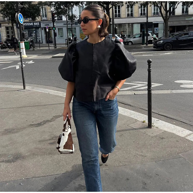 Spring Summer New Women's Fashion Casual Shirt Satin Bubble Sleeves Round Neck Loose Short Top Female Elegant Solid Blouses