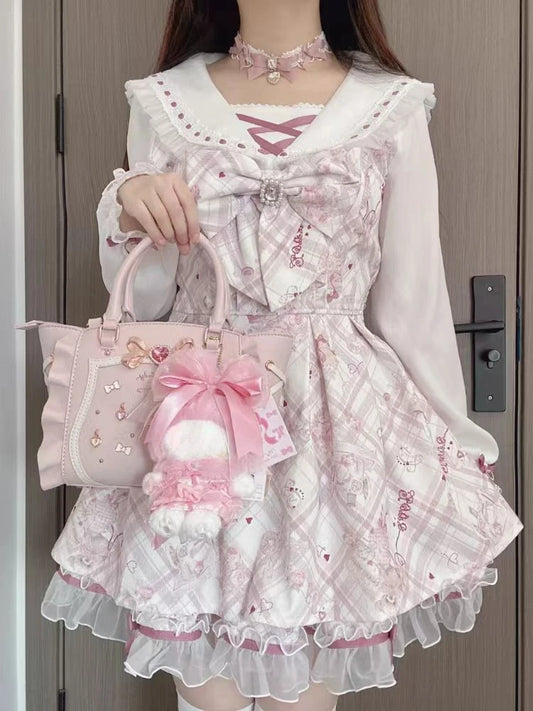 2025 Japanese Sweet Lolita Kawaii Dress Women Spring Printed Bow Fake Two Piece Dress Female Korea Style Design Party Clothing