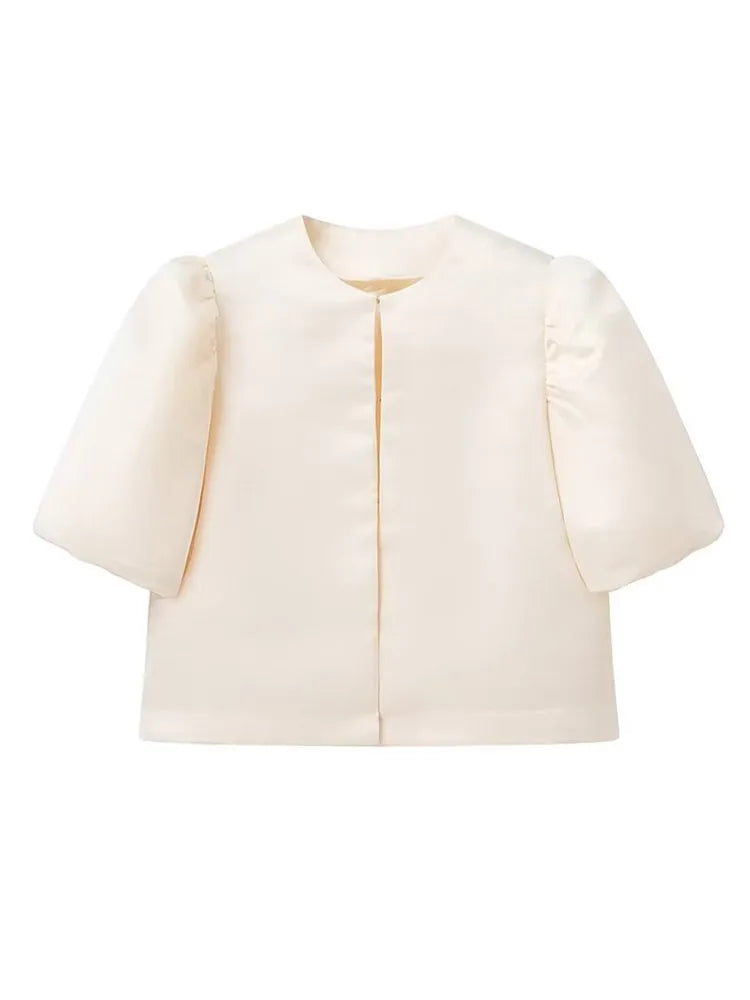 Spring Summer New Women's Fashion Casual Shirt Satin Bubble Sleeves Round Neck Loose Short Top Female Elegant Solid Blouses