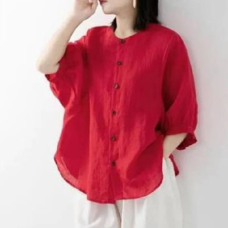 Cotton and linen shirt women's spring and summer thin solid color lantern sleeve stand collar top loose large size shirt
