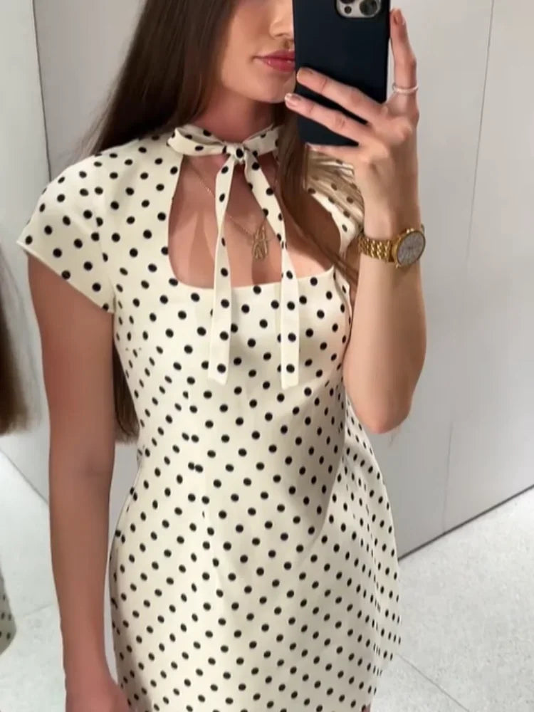 Elegant Lace-up Polka Dot Mini Dress Lady Chic Short-sleeved Waist Cinching Slim A-line Vestidos 2026 Women Evening Party Gowns
