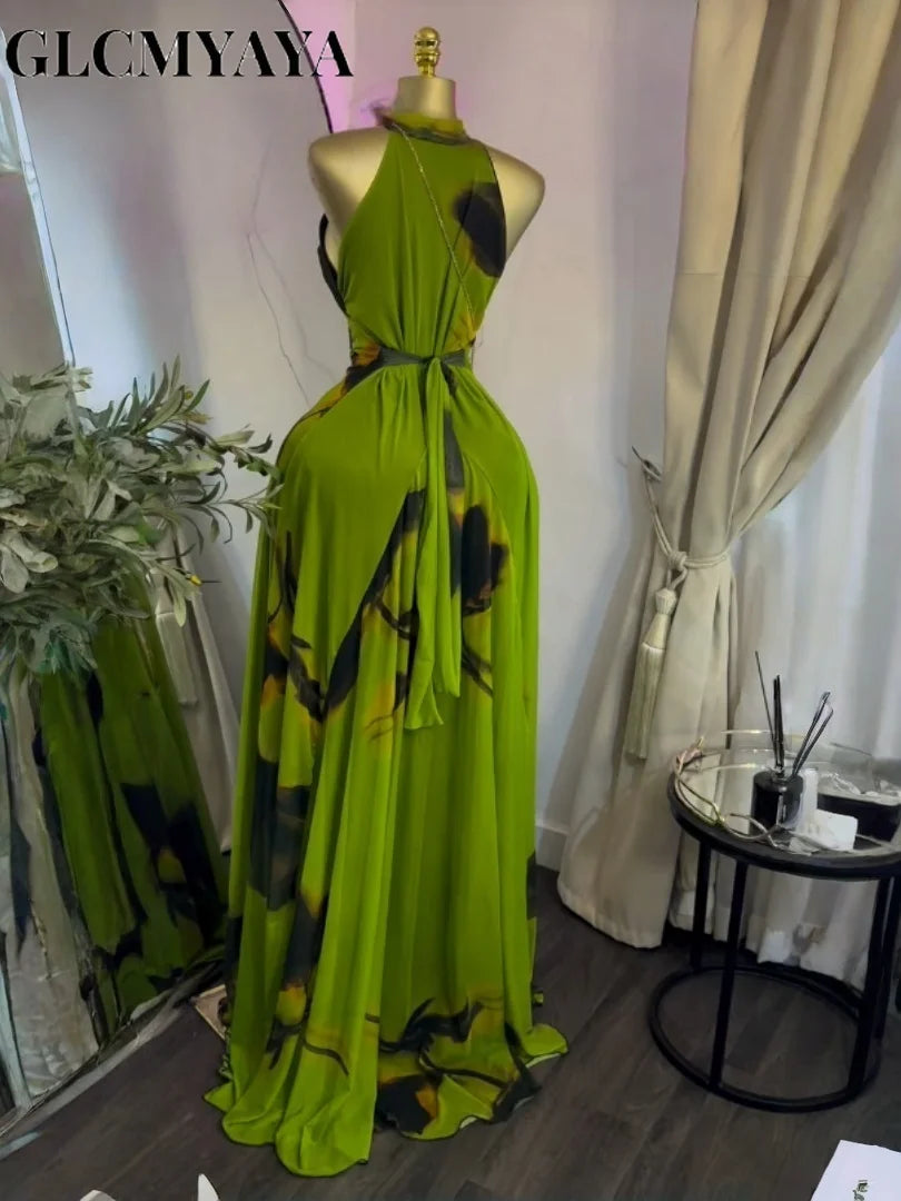 GLCMYAYA Women Printed Sleeveless with Sashes Fit and Flare A-line Maxi Dress 2026 Streetwear Beach Holiday Long Dresses Vestido