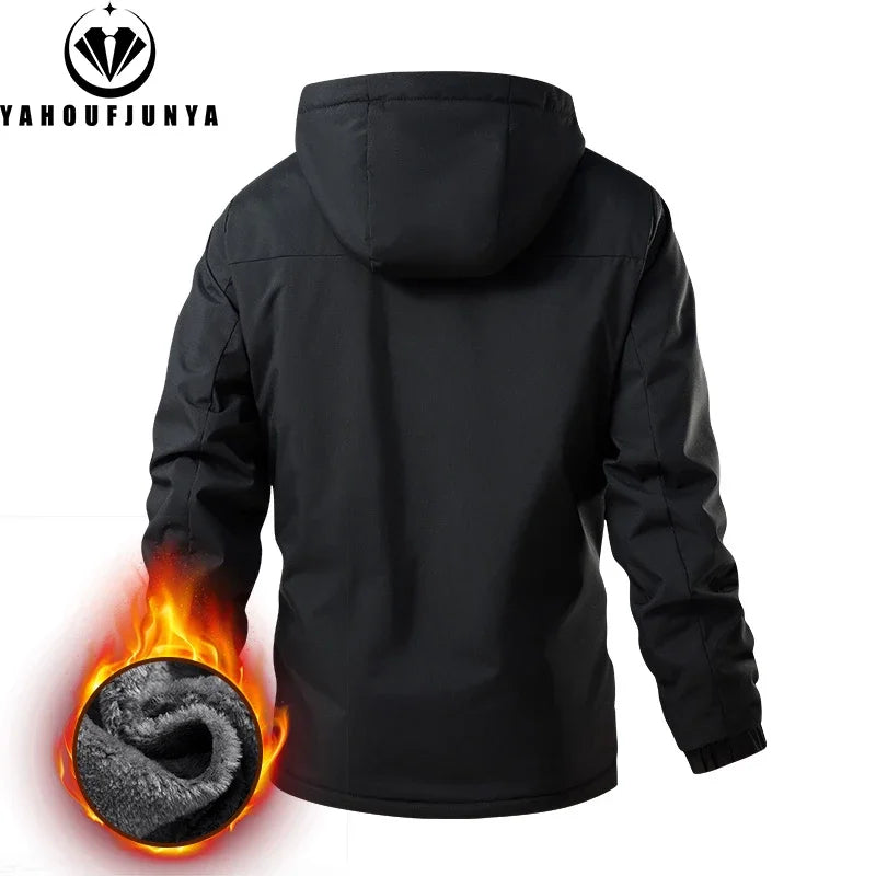 2025 New Spring Men Outdoor Hooded Windbreak Fleece Jacket Coats Men Autumn Warm Outwear Casual Fashion Solid Jacket Male Tops
