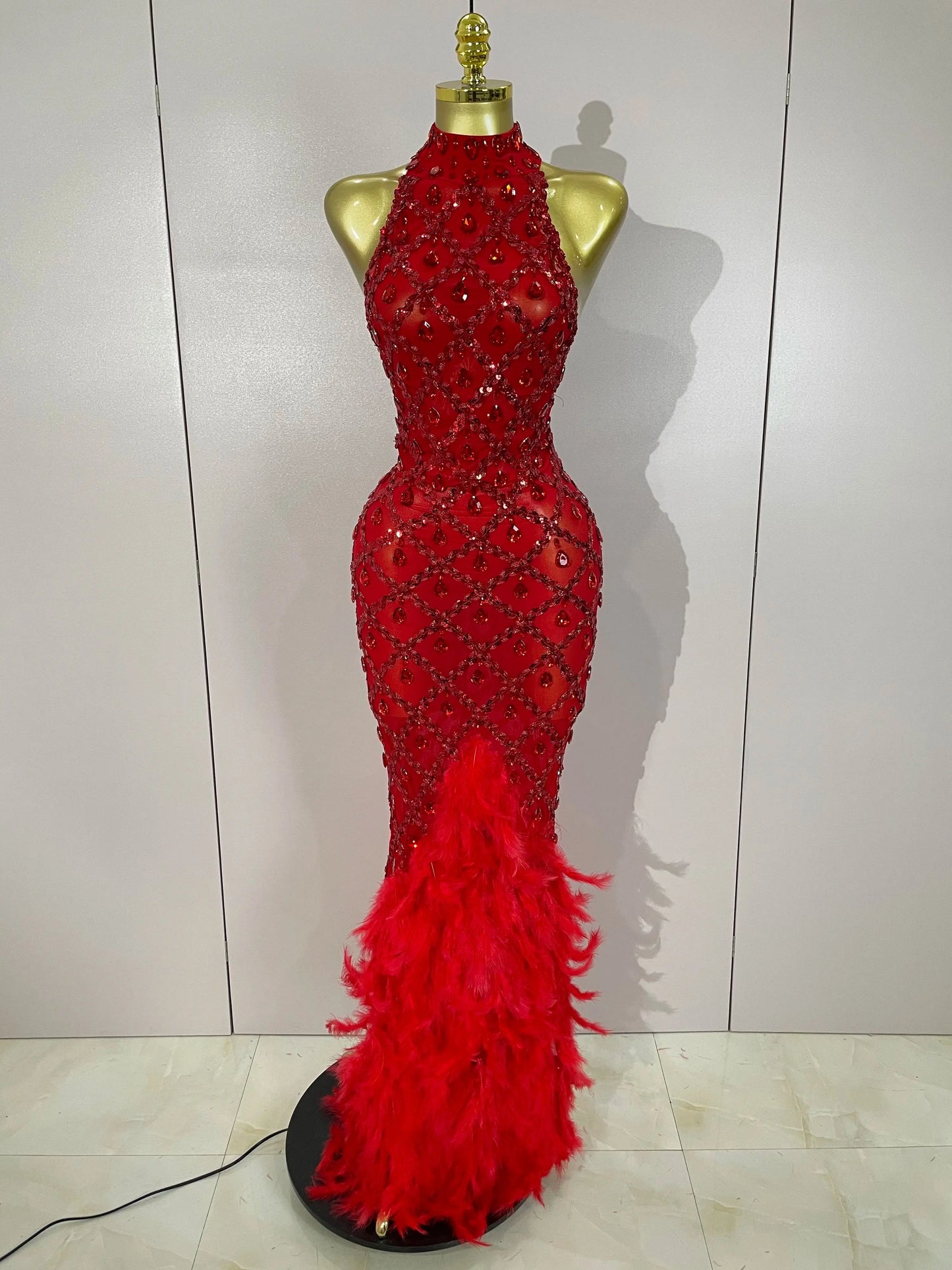 Luxury Sparkly Red Rhinestones Feather Sexy Mesh See Through Long Dress Women Birthday Evening Nightclub DJ Dancer Stage Costume