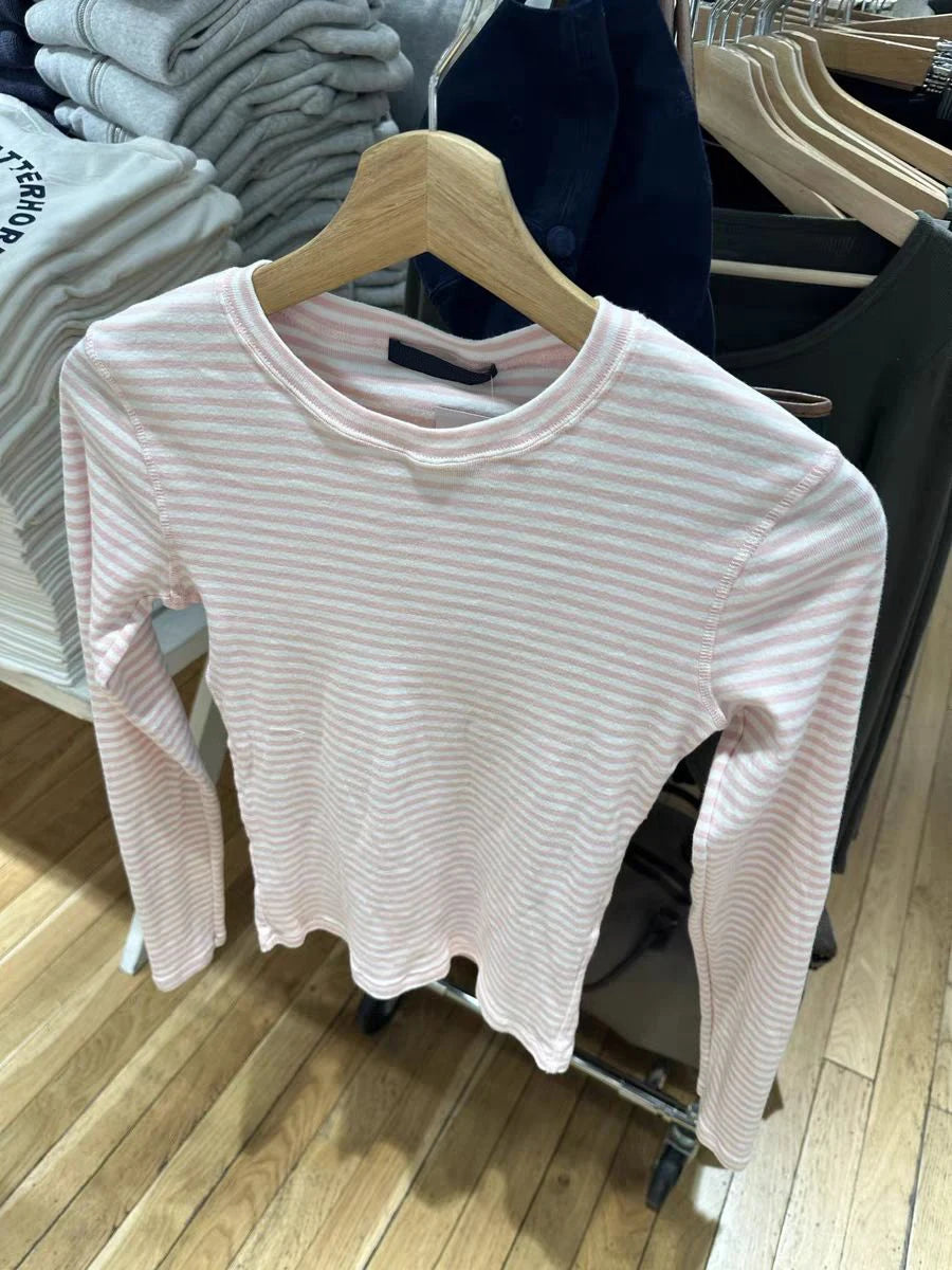 Pink Striped Slim Long Sleeve Tees Women Spring Casual Cotton O-neck Tshirt New Tops Clothes Sweet Cute  Vintage T-shirts Y2K
