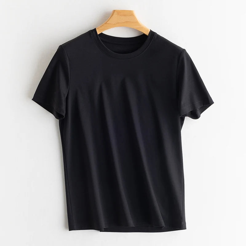 6% Real Silk Cotton Modal Women's T-shirt 2026 Summer Tees Short Sleeve Solid Tee Shirts V-neck Casual Woman Basic T shirt Tops