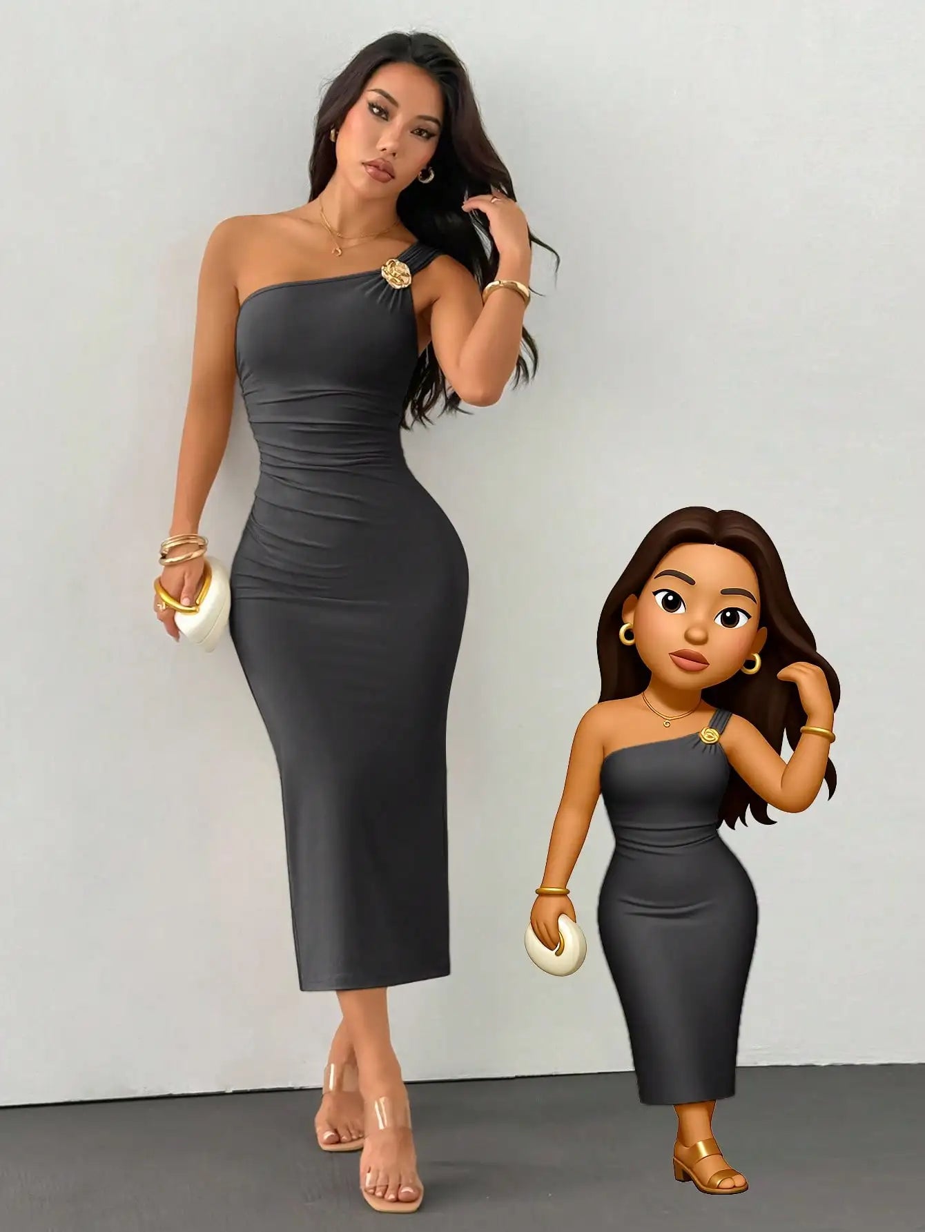 One Shoulder Ruched Fishtail Dress With Gold Brooch Asymmetric Neck Party Dress