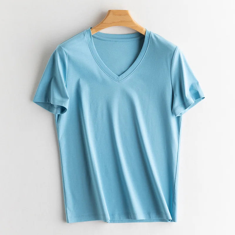 6% Real Silk Cotton Modal Women's T-shirt 2026 Summer Tees Short Sleeve Solid Tee Shirts V-neck Casual Woman Basic T shirt Tops