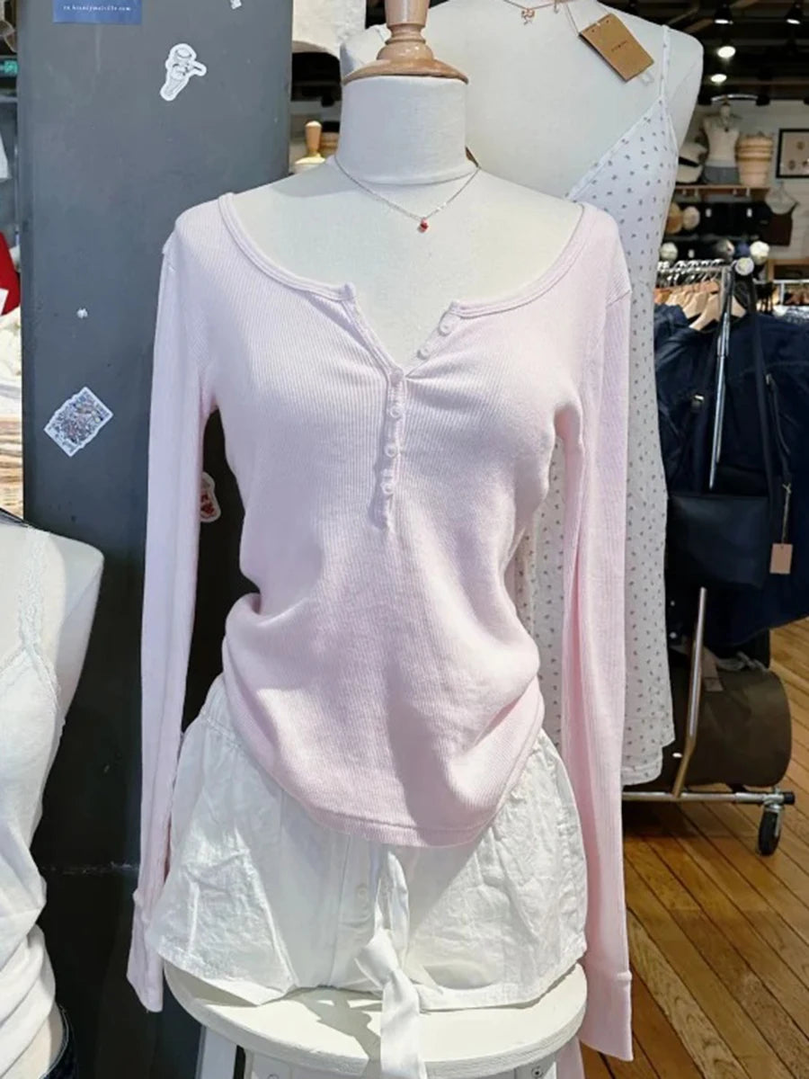 Pink Striped Slim Long Sleeve Tees Women Spring Casual Cotton O-neck Tshirt New Tops Clothes Sweet Cute  Vintage T-shirts Y2K