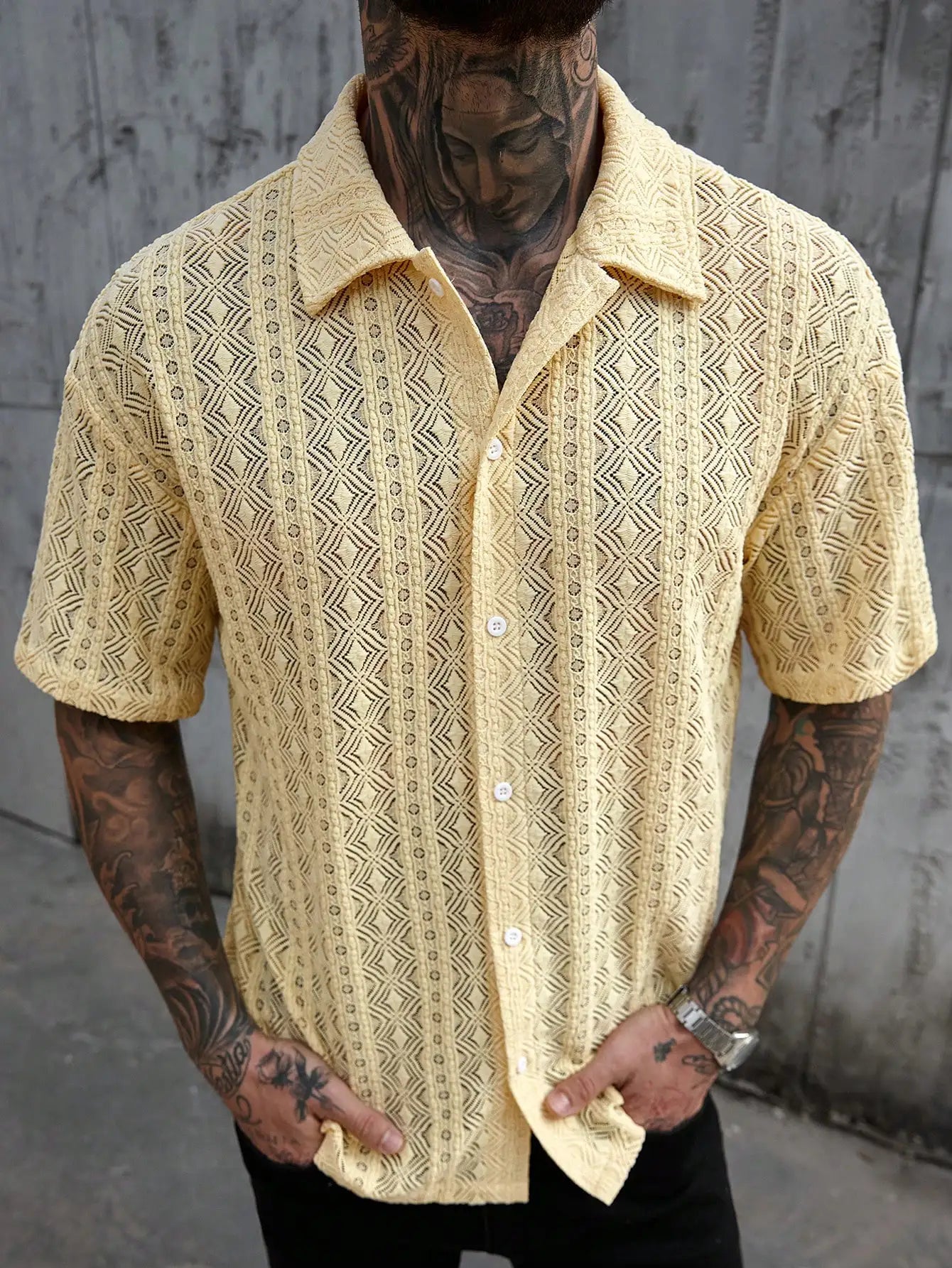 Men's Mustard Yellow Eyelet Lace Short Sleeve Casual Shirt, Loose Fit Button-Down for Beach & Festival