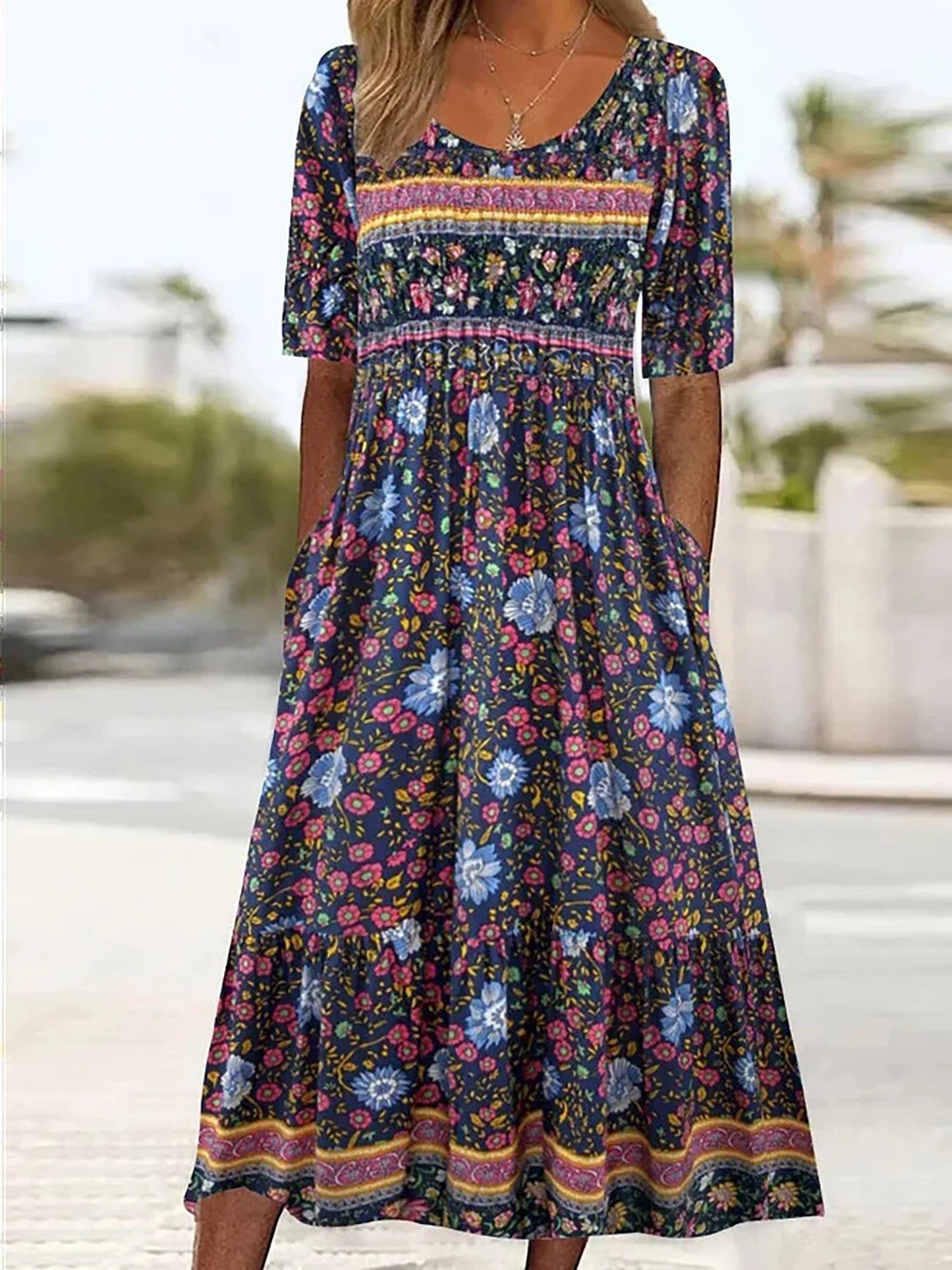 2025 summer new women's Bohemia loose fashion print round neck short sleeve long dress