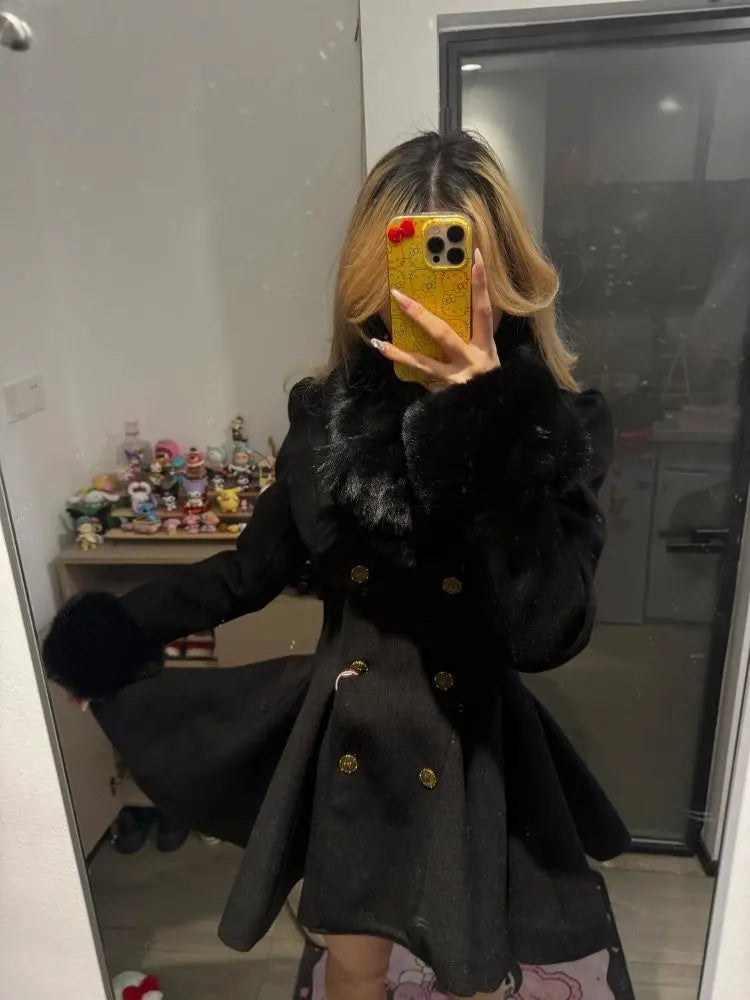 Winter Hepburn Black Fur Collar Woolen Coat French Style Vintage Blends Slim Mid-length Outwear Elegant Lolita Warm Outfits 2025