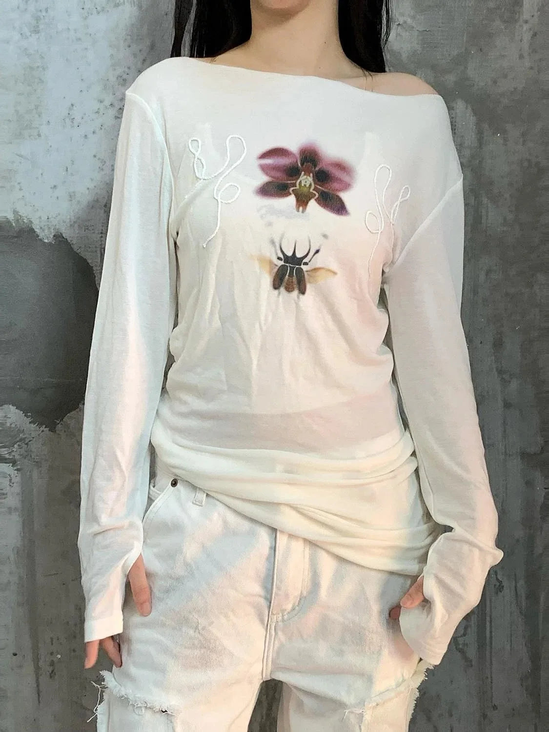 Onalippa Fashion Printed Lazy Style Off Shoulder T-shirt Slightly Transparent Round Neck Design Long Sleeved Base Top 2025 New