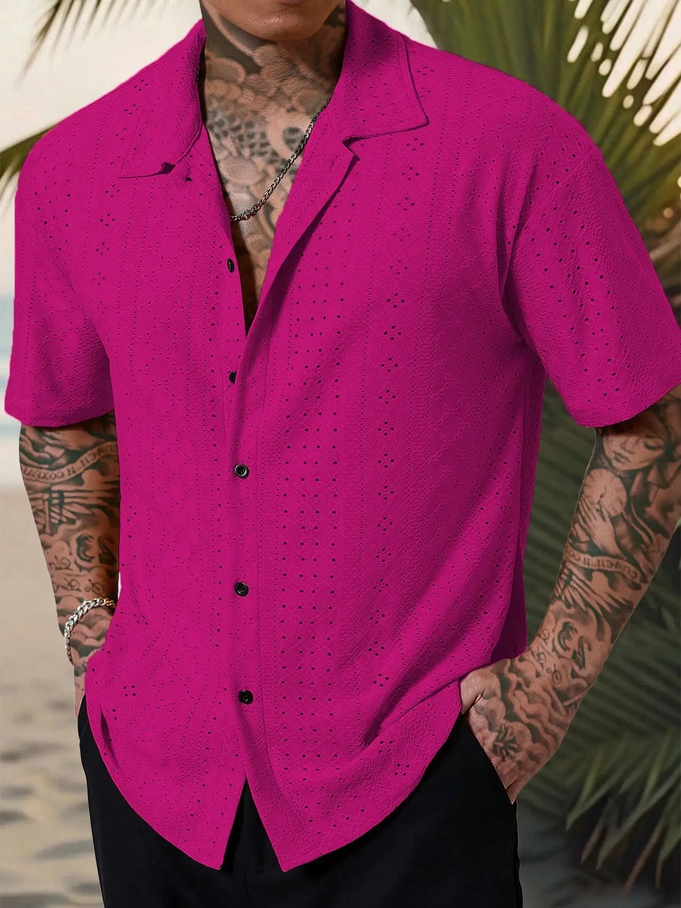 Men's Mustard Yellow Eyelet Lace Short Sleeve Casual Shirt, Loose Fit Button-Down for Beach & Festival