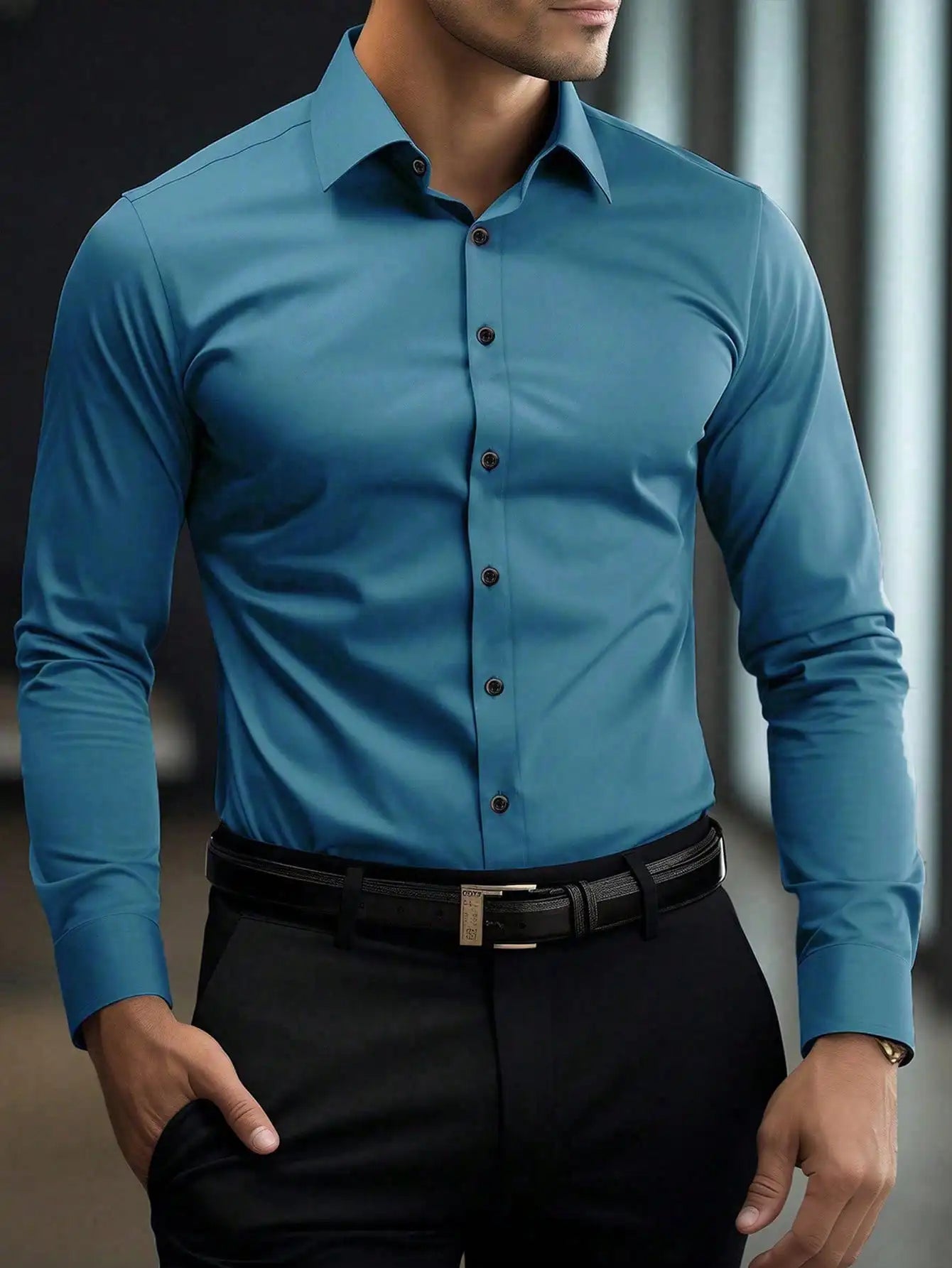 Men's Slim Fit Solid White Long Sleeve Button-Up Shirt for Business Casual Wear