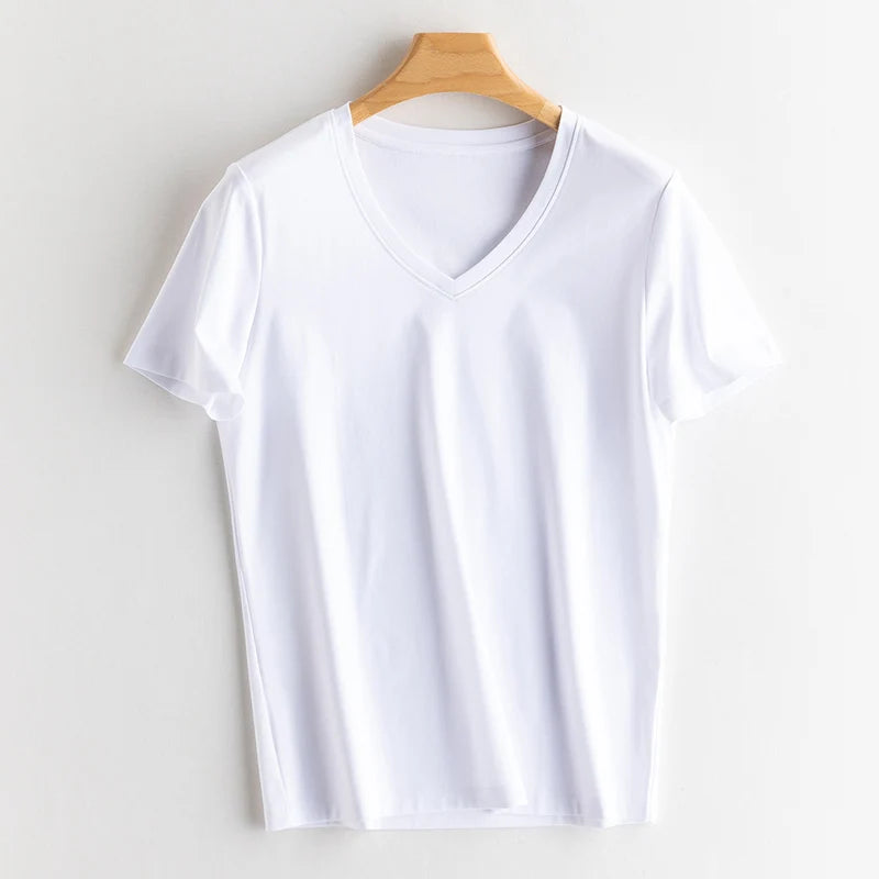 6% Real Silk Cotton Modal Women's T-shirt 2026 Summer Tees Short Sleeve Solid Tee Shirts V-neck Casual Woman Basic T shirt Tops