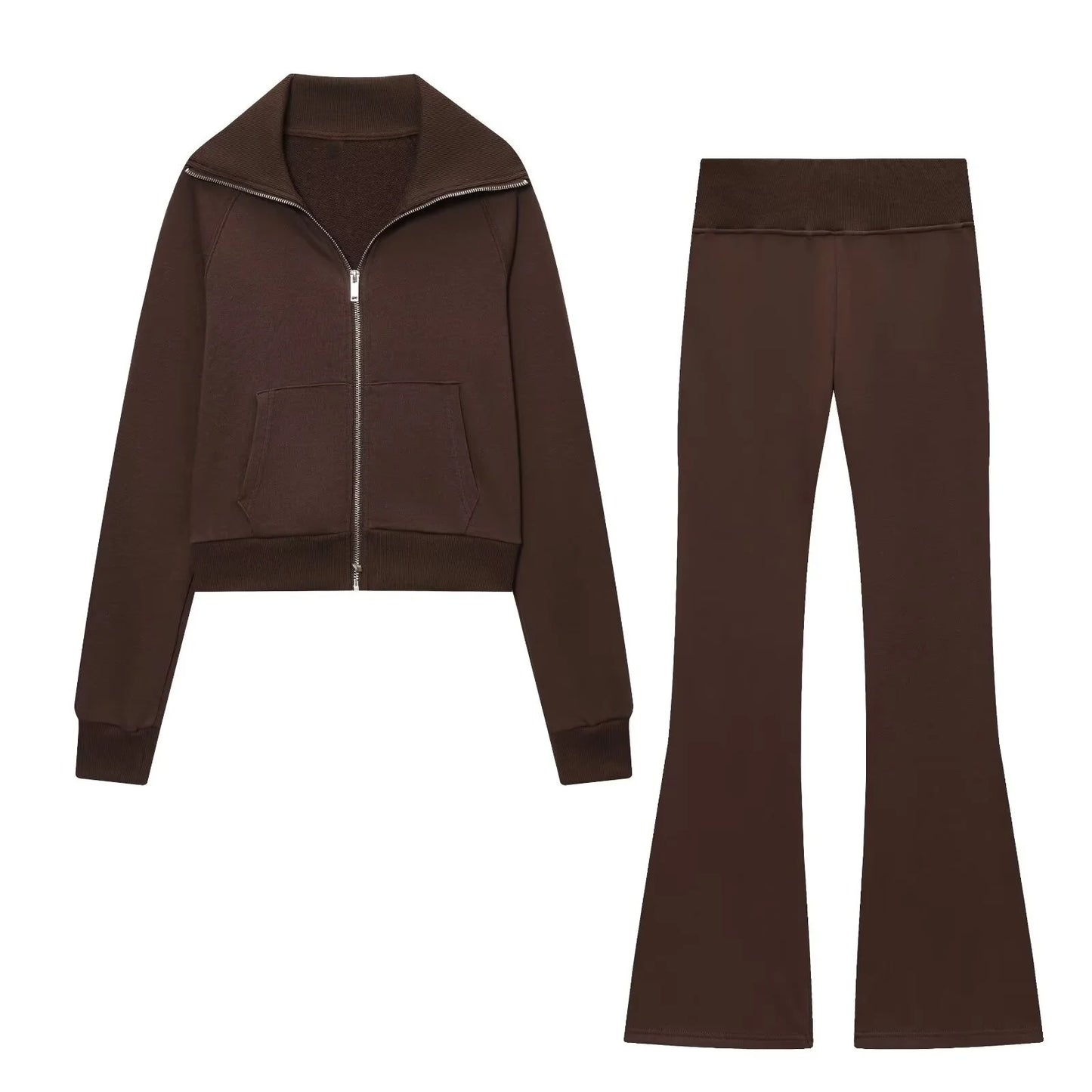 2025 Autumn New Women's Casual Lapel Long-Sleeved Zipper Fleece Jacket + High-Waisted Terry Flared Trousers