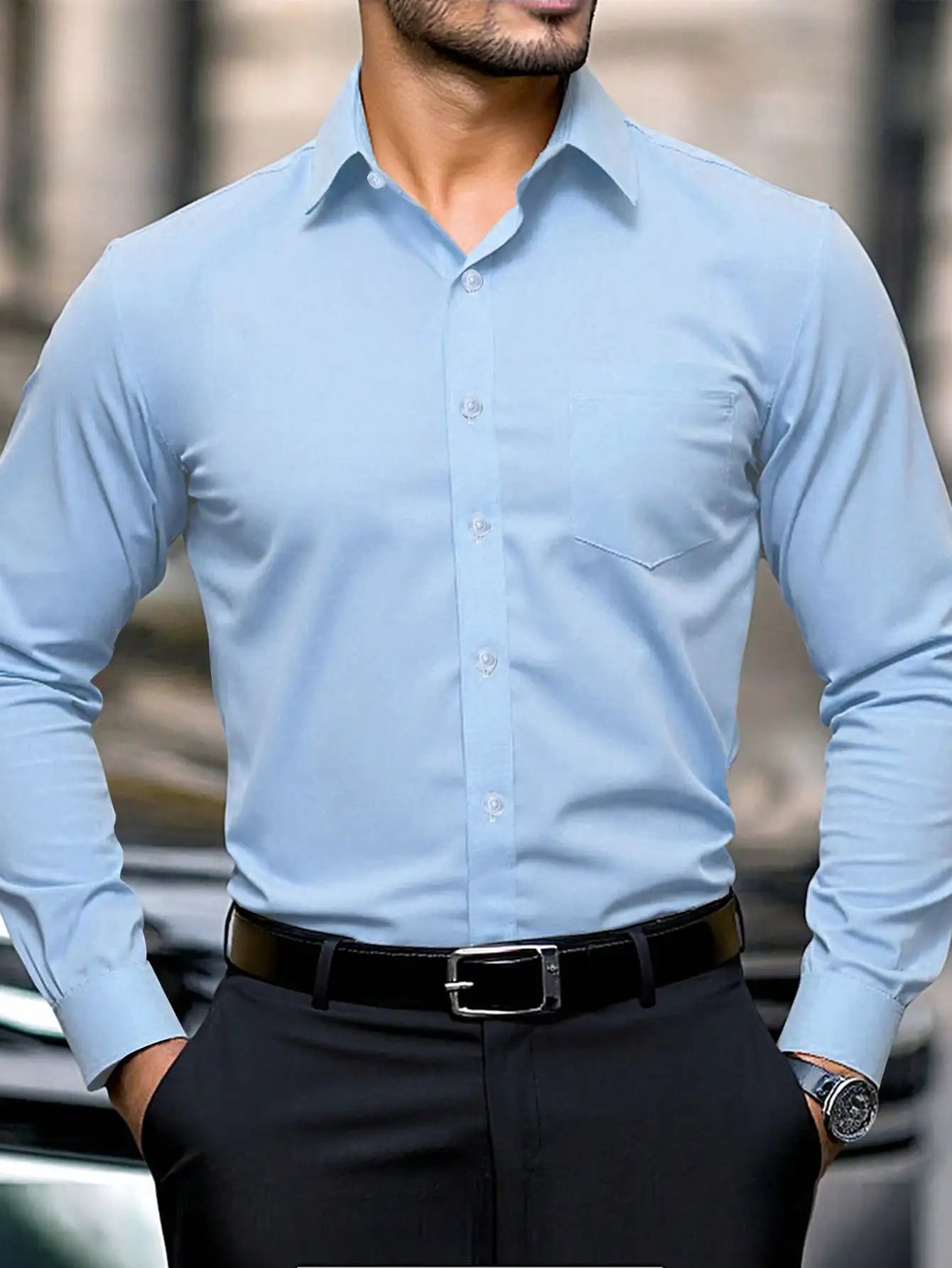Men's Slim Fit Plain White Long Sleeve Button Up Shirt with Chest Pocket for Business or Casual Wear