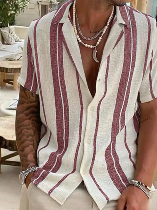 Men's Striped Short Sleeve Button-Down Shirt for Summer Casual Wear