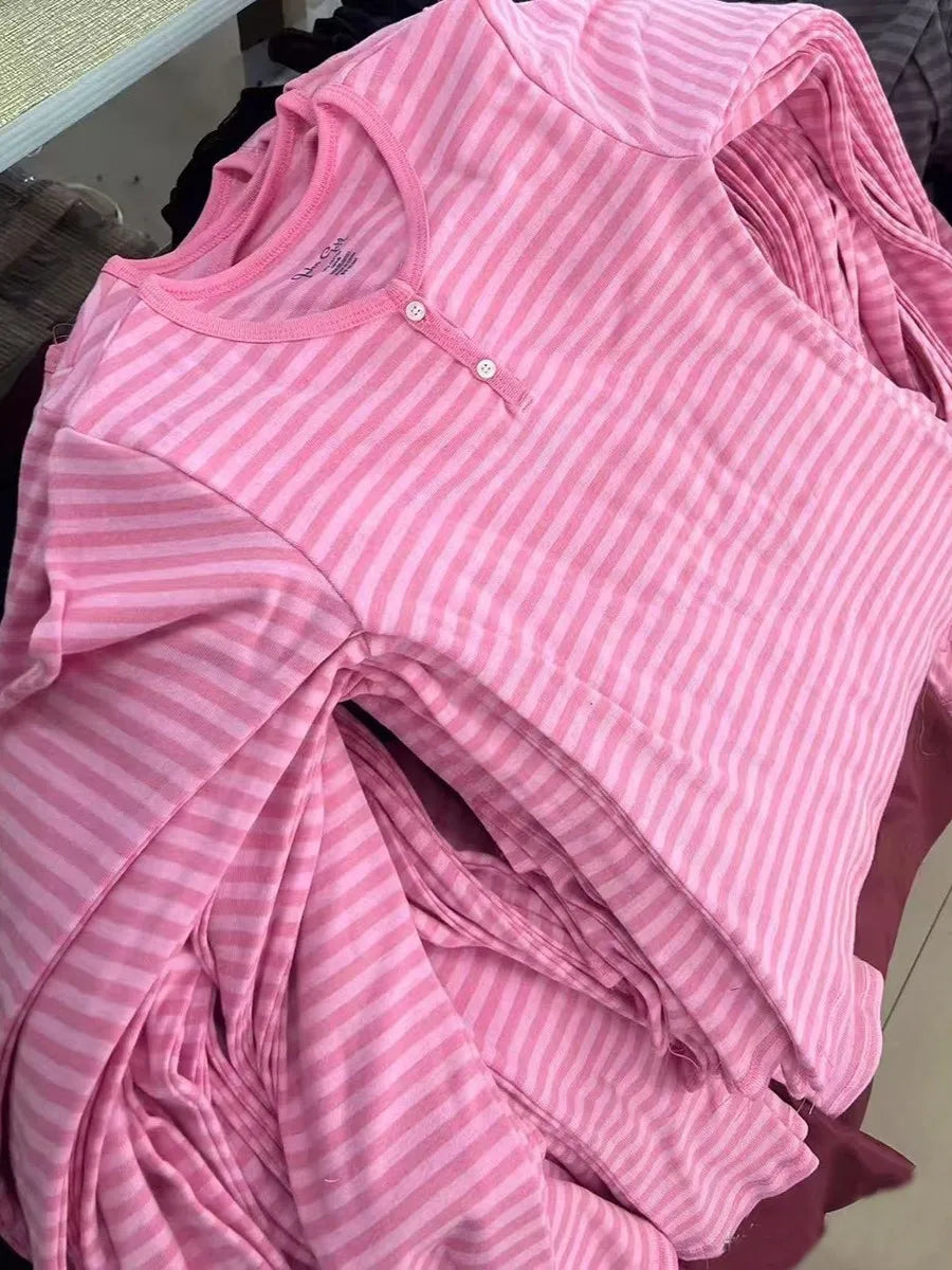 Pink Striped Slim Long Sleeve Tees Women Spring Casual Cotton O-neck Tshirt New Tops Clothes Sweet Cute  Vintage T-shirts Y2K