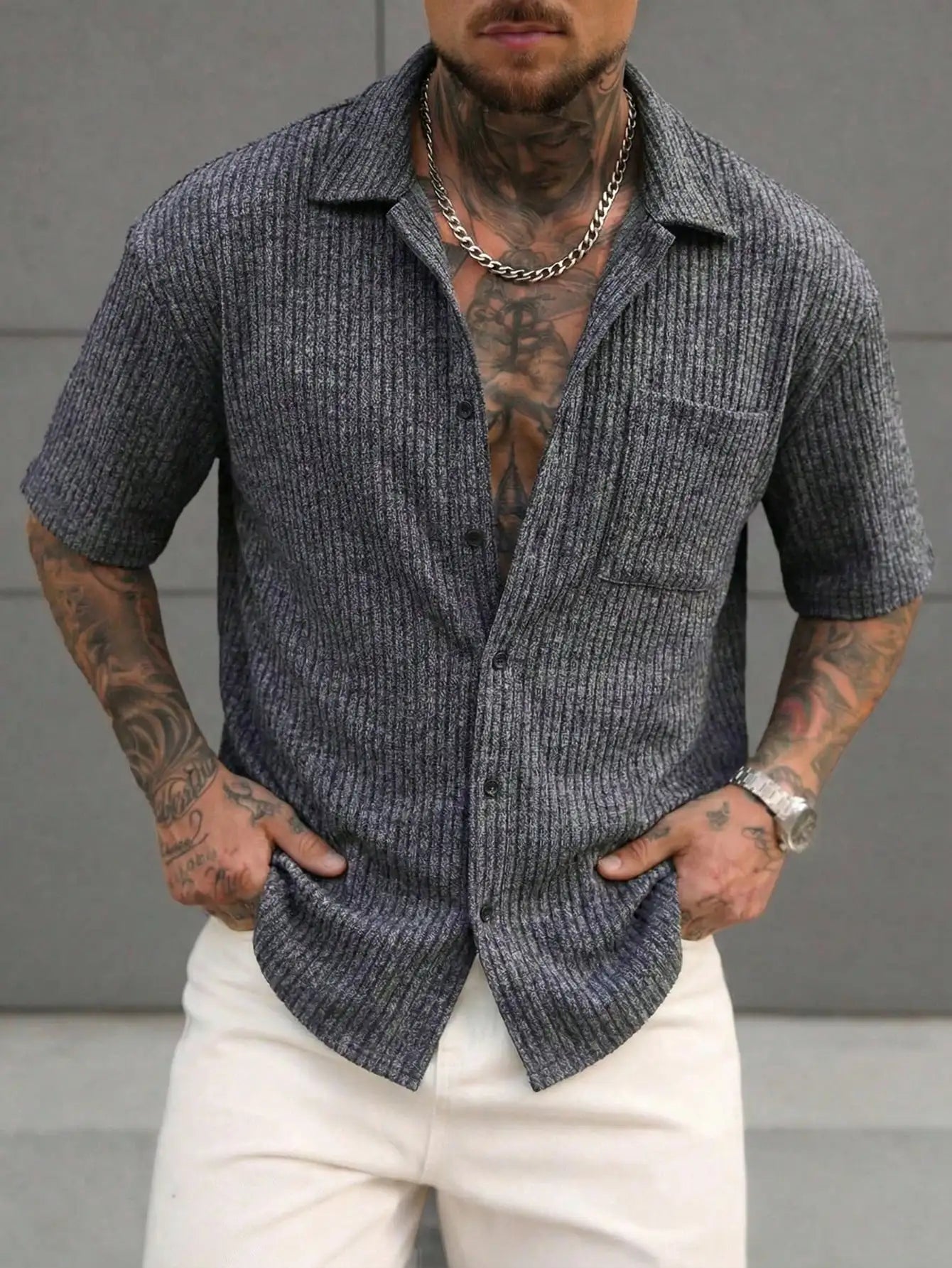 Men's Mustard Yellow Eyelet Lace Short Sleeve Casual Shirt, Loose Fit Button-Down for Beach & Festival