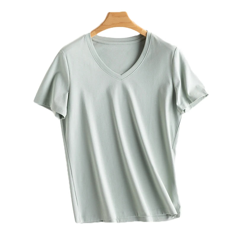 6% Real Silk Cotton Modal Women's T-shirt 2026 Summer Tees Short Sleeve Solid Tee Shirts V-neck Casual Woman Basic T shirt Tops