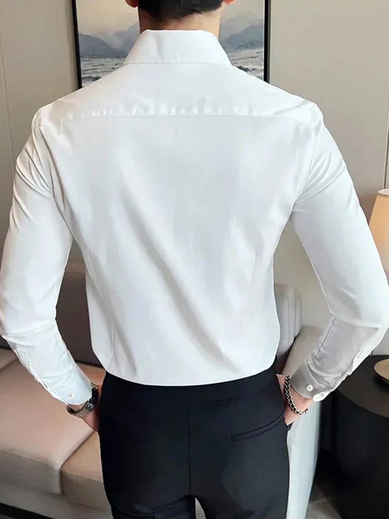Men's Slim Fit Solid White Long Sleeve Button-Up Shirt for Business Casual Wear