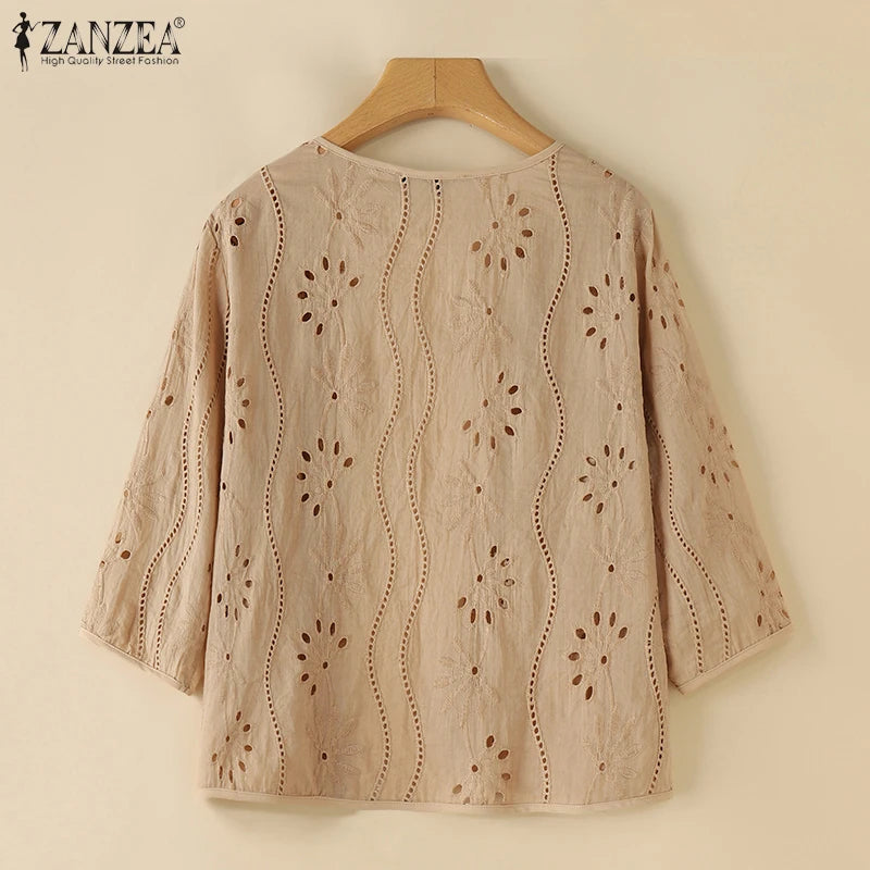 ZANZEA Women Fashion Hollow Out Embroidered Cardigan Shirts Autumn 2025 Elegant 3/4 Sleeve Kimonos Casual Holiday Cover-up Tops